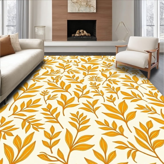 ODIKA 4'x6' Machine Washable Non-Slip Area Rug, Botanical Scrollwork with Intertwined Vines and Stylized Leaf Forms High Traffic Rug, Ivory, 531108