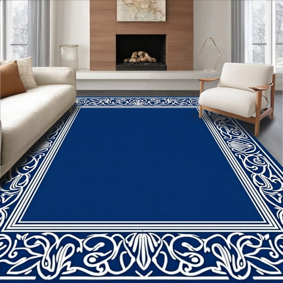 ODIKA 4'x6' Machine Washable Non-Slip Area Rug, Botanical Scrollwork with Intricate Interlocking Borders High Traffic Rug, Blue, 550995
