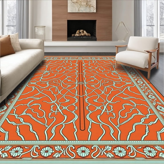 ODIKA 4'x6' Machine Washable Non-Slip Area Rug, Botanical Trellis Featuring Ornate Petals and Latticework Detailing High Traffic Rug, Orange, 573011