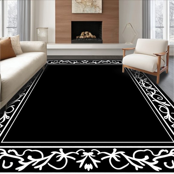 ODIKA 4'x6' Machine Washable Non-Slip Area Rug, Botanical Vine Filigree with Accents High Traffic Rug, Black, 478519