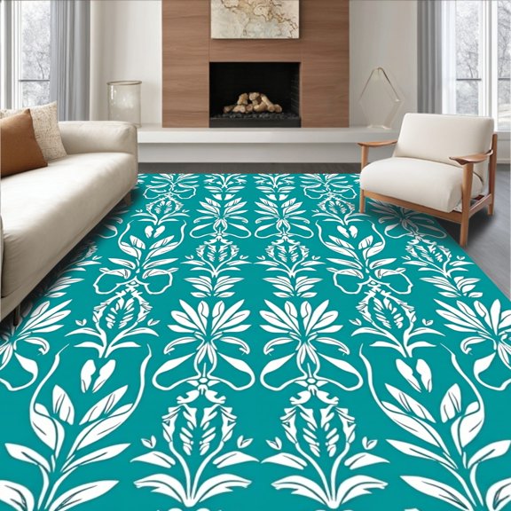 ODIKA 4'x6' Machine Washable Non-Slip Area Rug, Botanical Vine Lattice with Abstract Leaf Details High Traffic Rug, Blue, 716889