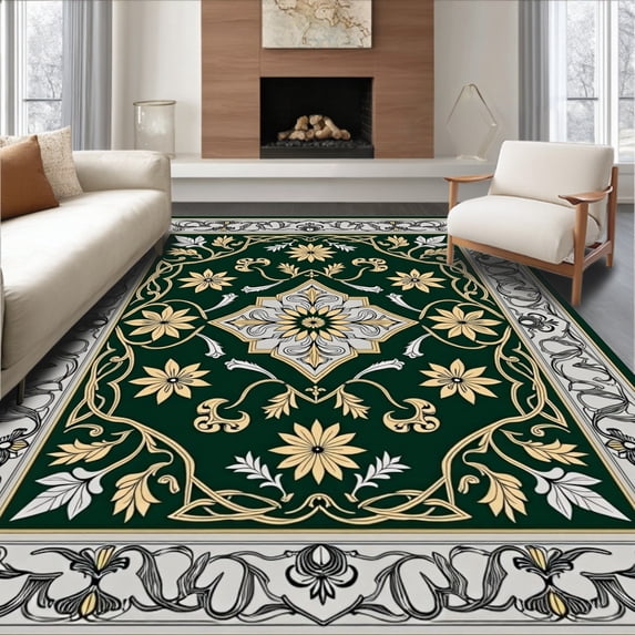 ODIKA 4'x6' Machine Washable Non-Slip Area Rug, Botanical Vinework Medallion with Flourishing Leaf Motifs High Traffic Rug, Green, 561529