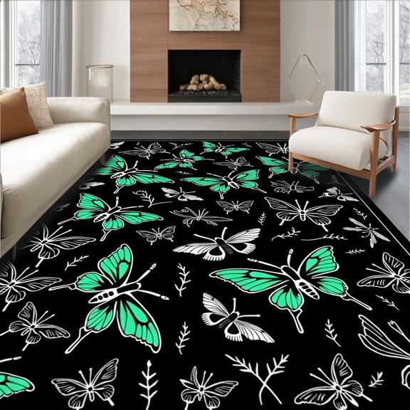 ODIKA 4x6 Machine Washable Non-Slip Area Rug, Botanical Winged Creatures Tapestry High Traffic Rug, Black, 574821