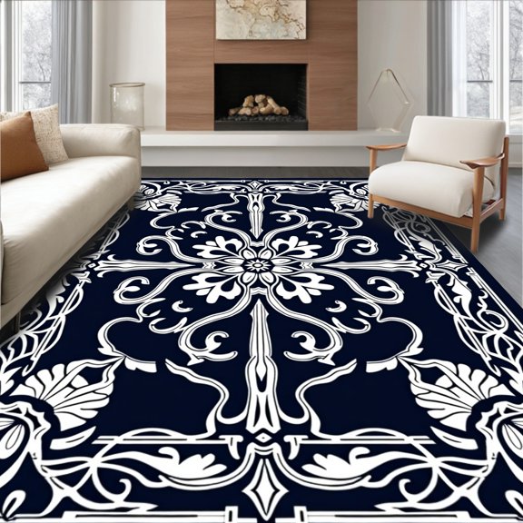 ODIKA 4'x6' Machine Washable Non-Slip Area Rug, Botanical with Intertwined Vines and Stylized Petals High Traffic Rug, Black, 716130