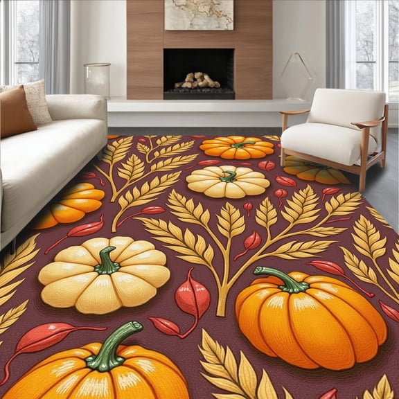 ODIKA 4'x6' Machine Washable Non-Slip Area Rug, Bountiful Patch Thanksgiving Greeting Entrance Accessory High Traffic Rug, Orange, 605314