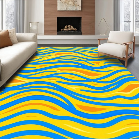 ODIKA 4x6 Machine Washable Non-Slip Area Rug, Breezy Sanctuary Throw Displaying Wave Ripple Artistry High Traffic Rug, Blue, 708082