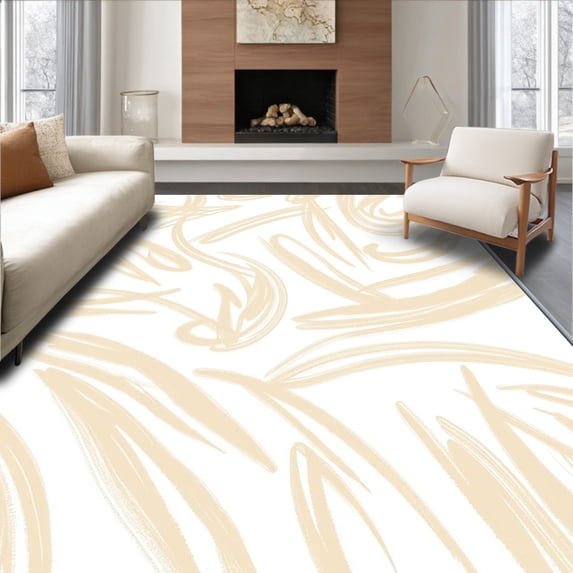 ODIKA 4'x6' Machine Washable Non-Slip Area Rug, Brushstroke Abstract Expressionist Modern Contemporary Artistic High Traffic Rug, Beige, 597172