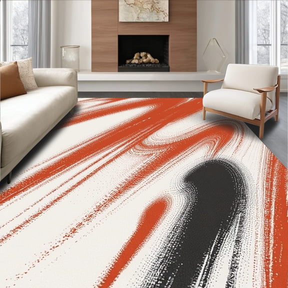 ODIKA 4'x6' Machine Washable Non-Slip Area Rug, Brushstroke Cascade Artistic Contemporary Style High Traffic Rug, White, 489527