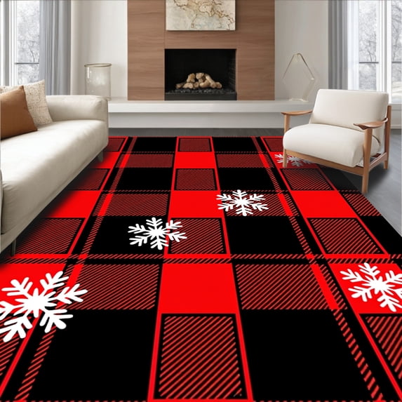 ODIKA 4'x6' Machine Washable Non-Slip Area Rug, Buffalo Check Snowflake Interlocking Festive Plaid High Traffic Rug with Pad, Red, 651639