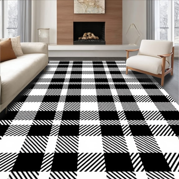 ODIKA 4'x6' Machine Washable Non-Slip Area Rug, Buffalo Gingham Entrance Doormat Farmhouse Welcome High Traffic Rug with Pad, Black, 617605