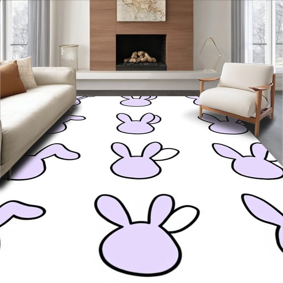 ODIKA 4'x6' Machine Washable Non-Slip Area Rug, Buffalo Plaid Bunny Ears Spring Festival Celebration Decorative High Traffic Rug with Pad, Purple, 445101