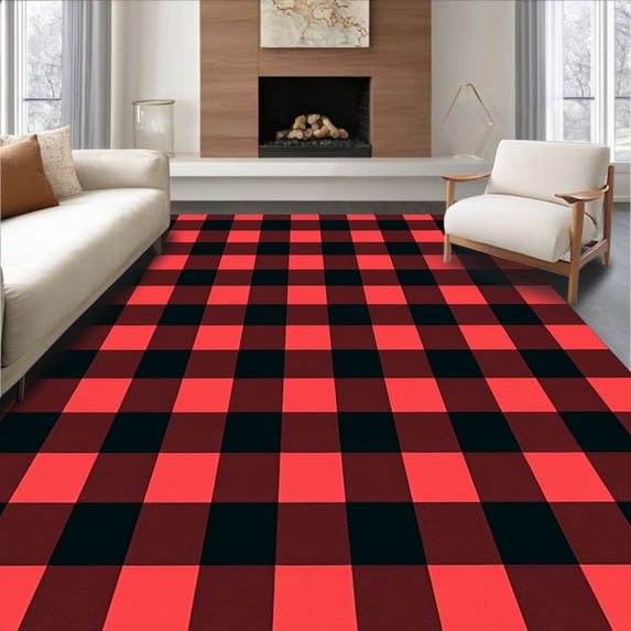 ODIKA 4'x6' Machine Washable Non-Slip Area Rug, Buffalo Plaid Farmhouse Doormat Welcome Entrance Holiday High Traffic Rug, Red, 622555