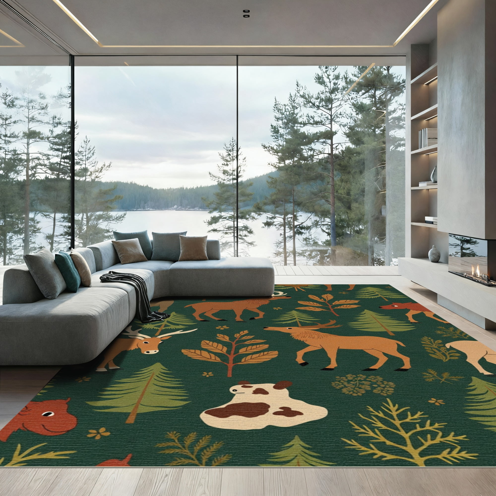 ODIKA 4x6 Machine Washable Non-Slip Area Rug, Cabin Inspired Wildlife ...