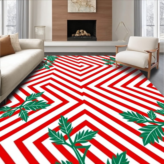ODIKA 4'x6' Machine Washable Non-Slip Area Rug, Cane Stripe with Mistletoe Accent High Traffic Rug, Red, 623367