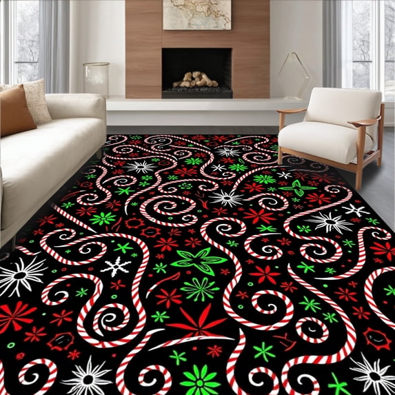 ODIKA 4'x6' Machine Washable Non-Slip Area Rug, Cane Wonderland with Swirling Peppermint and Starburst Ornaments High Traffic Rug with Pad, Black, 745340