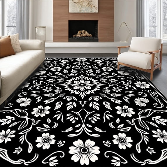 ODIKA 4'x6' Machine Washable Non-Slip Area Rug, Captivating Nature Inspired Floral Design with Classic Flair High Traffic Rug with Pad, Black, 349520