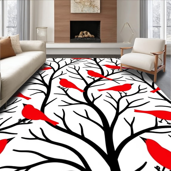 ODIKA 4'x6' Machine Washable Non-Slip Area Rug, Cardinal Perch with Winter Branch High Traffic Rug, Red, 738267