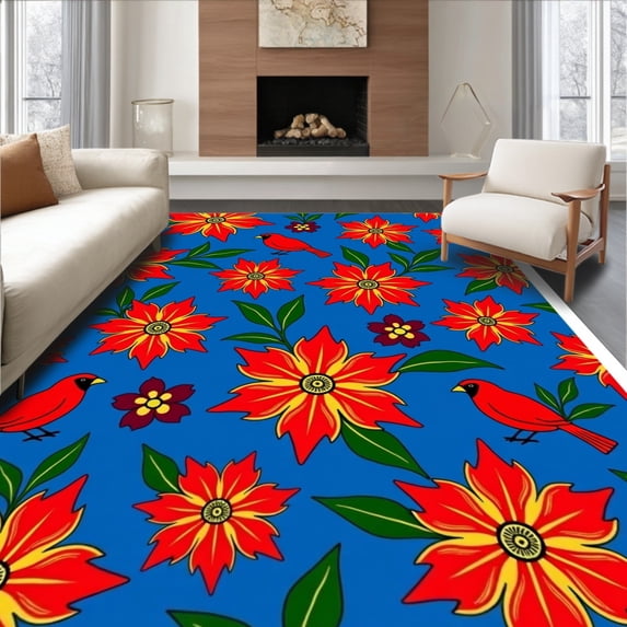 ODIKA 4'x6' Machine Washable Non-Slip Area Rug, Cardinal Poinsettia Christmas of Back Holiday High Traffic Rug with Pad, Blue, 622395