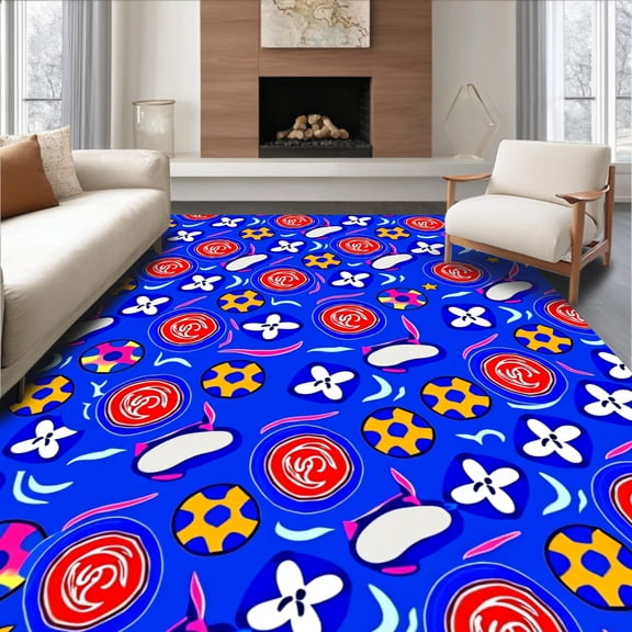 ODIKA 4'x6' Machine Washable Non-Slip Area Rug, Carousel Interlocking Letter Motif Learning High Traffic Rug, Blue, 689991