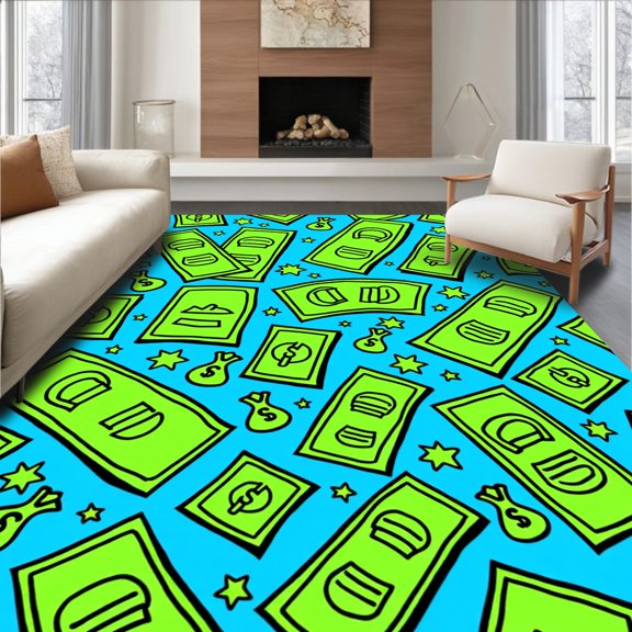 ODIKA 4x6 Machine Washable Non-Slip Area Rug, Cartoon Cash Stacks Decorative Floor With Dollar Bill Artwork High Traffic Rug, Blue, 719732