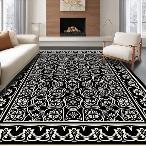 ODIKA 4x6 Machine Washable Non-Slip Area Rug, Celestial Bloom Vintage Floral Tapestry High Traffic Rug, Black, 367418