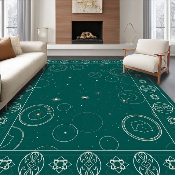 ODIKA 4'x6' Machine Washable Non-Slip Area Rug, Celestial Constellation Galaxy Starry Night Accent High Traffic Rug, Green, 574628