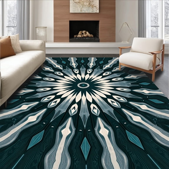ODIKA 4'x6' Machine Washable Non-Slip Area Rug, Celestial Cosmic Starburst Radiant Artistic High Traffic Rug with Pad, Blue, 579523