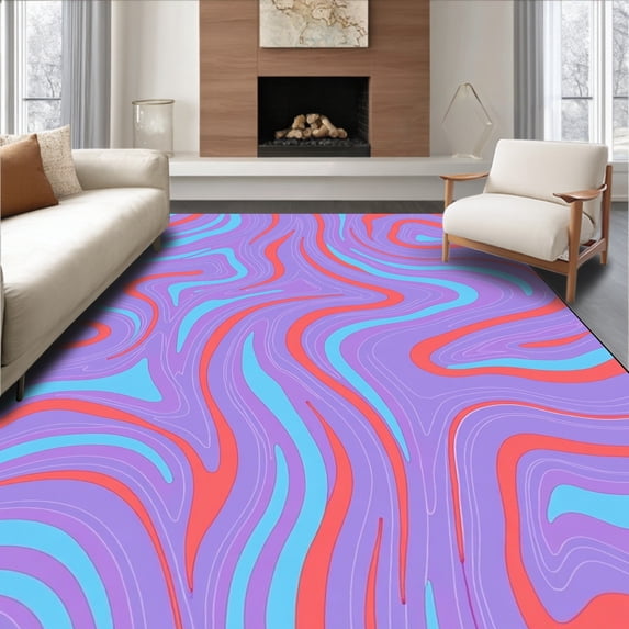 ODIKA 4'x6' Machine Washable Non-Slip Area Rug, Celestial Mist Abstract with Fluid Ripple Motif High Traffic Rug with Pad, Purple, 493193