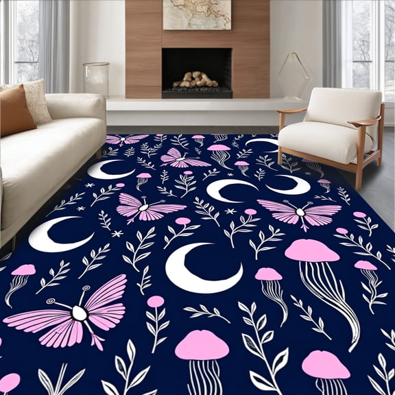 ODIKA 4'x6' Machine Washable Non-Slip Area Rug, Celestial Moth with Mystical Mushroom Constellation High Traffic Rug, Pink, 514077