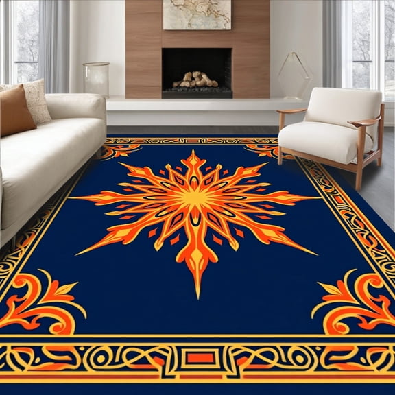 ODIKA 4'x6' Machine Washable Non-Slip Area Rug, Celestial Starburst Medallion with Abstract Filigree Edges High Traffic Rug, Blue, 546322