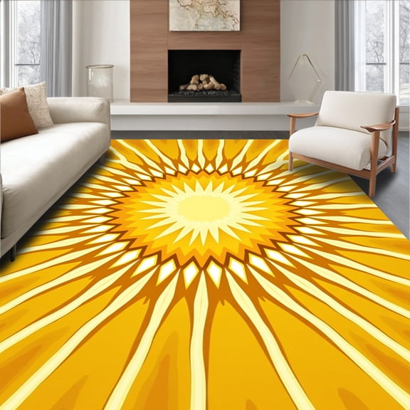 ODIKA 4'x6' Machine Washable Non-Slip Area Rug, Celestial Sunburst Rays Elegant Contemporary Decoration High Traffic Rug, Yellow, 581655