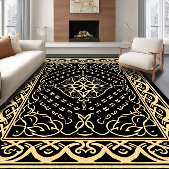ODIKA 4'x6' Machine Washable Non-Slip Area Rug, Celtic Knot Loop Handicraft Kit Traditional High Traffic Rug, Black, 642653