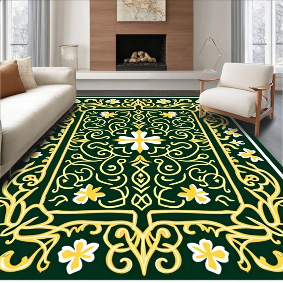 ODIKA 4x6 Machine Washable Non-Slip Area Rug, Celtic Knotwork Shamrock Medley Holiday Interlocking Design High Traffic Rug, Green, 632067