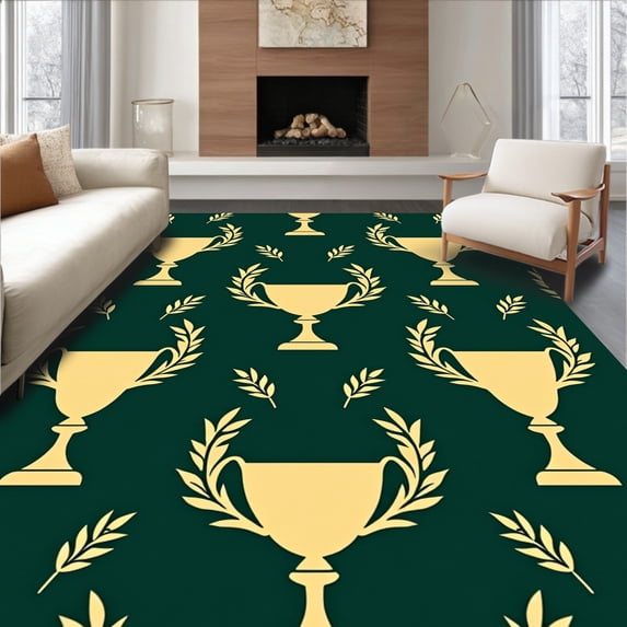 ODIKA 4'x6' Machine Washable Non-Slip Area Rug, Championship Trophy Design Athletic Enthusiast Decorative High Traffic Rug with Pad, Green, 674227