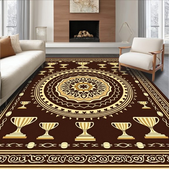 ODIKA 4'x6' Machine Washable Non-Slip Area Rug, Championship Trophy Medallion Mosaic Sports Fan Celebration High Traffic Rug, Brown, 669606