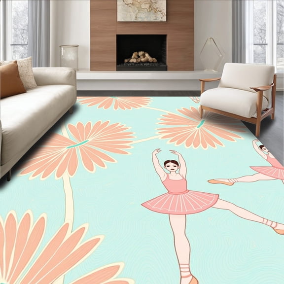 ODIKA 4x6 Machine Washable Non-Slip Area Rug, Charming Latch Hook Showcasing Classic Ballet Poses and Stylized Petals High Traffic Rug, Blue, 645840