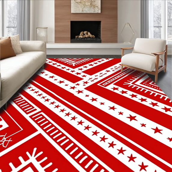 ODIKA 4'x6' Machine Washable Non-Slip Area Rug, Cheerful Cane Stripe Floor with Constellation Design High Traffic Rug, Red, 742258