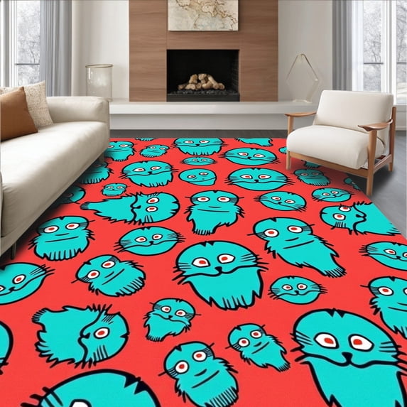 ODIKA 4'x6' Machine Washable Non-Slip Area Rug, Cheerful Cartoon Feline Faces With Bold Striped Details High Traffic Rug, Red, 722735