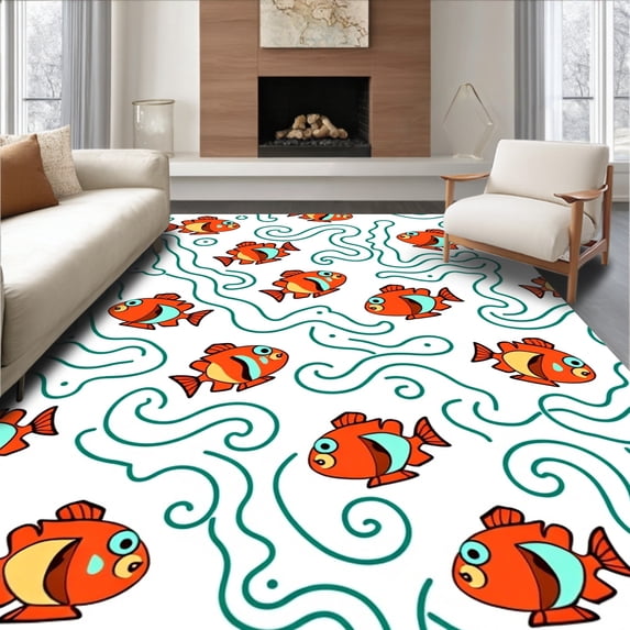 ODIKA 4'x6' Machine Washable Non-Slip Area Rug, Cheerful Fish Parade with Dancing Fins and Splashing Water Drops High Traffic Rug with Pad, Orange, 726038
