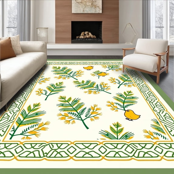 ODIKA 4'x6' Machine Washable Non-Slip Area Rug, Cheerful Fowl Scene Interlocking Pine Motif with Scandinavian Influence High Traffic Rug, White, 643605