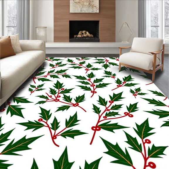 ODIKA 4'x6' Machine Washable Non-Slip Area Rug, Cheerful Holly Berry Wreath Embroidered Absorbent Textile High Traffic Rug, Green, 735502
