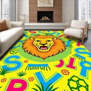 ODIKA 4x6 Machine Washable Non-Slip Area Rug, Cheerful Safari Alphabet With Animated Lion and Jungle Icons High Traffic Rug, Yellow, 690076