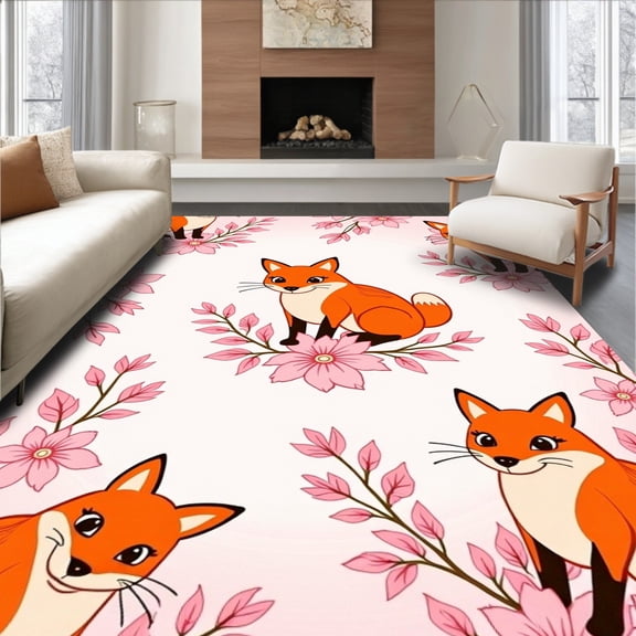 ODIKA 4'x6' Machine Washable Non-Slip Area Rug, Cherry Blossom Foxes Botanical Storybook High Traffic Rug, Orange, 440308