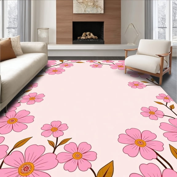 ODIKA 4'x6' Machine Washable Non-Slip Area Rug, Cherry Blossom Latch Hook Project High Traffic Rug, Pink, 609348