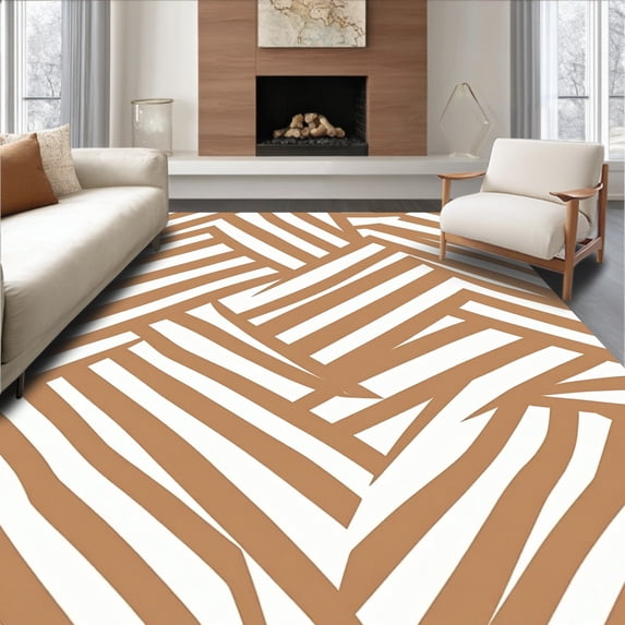 ODIKA 4'x6' Machine Washable Non-Slip Area Rug, Stripe Featuring Contemporary Zigzag Motifs High Traffic Rug, Brown, 541555