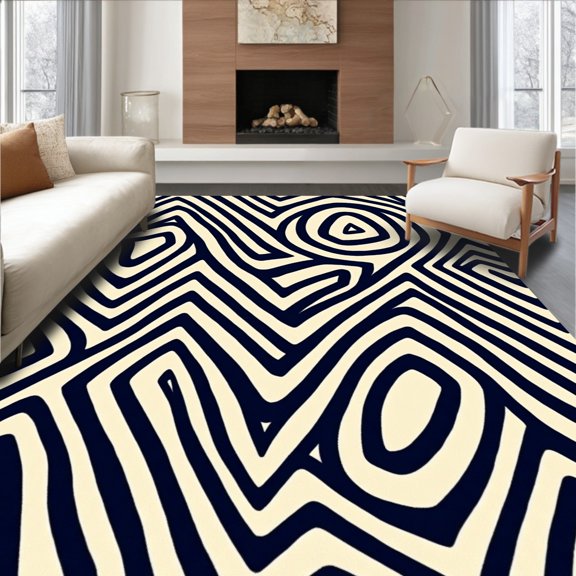 ODIKA 4'x6' Machine Washable Non-Slip Area Rug, Zigzag Striped Contemporary Abstract Wave Formation High Traffic Rug, Black, 462179