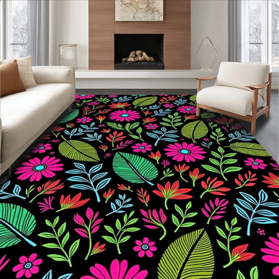 ODIKA 4x6 Machine Washable Non-Slip Area Rug, Chic Tropical Vibe with Layered Botanical High Traffic Rug, Black, 345684