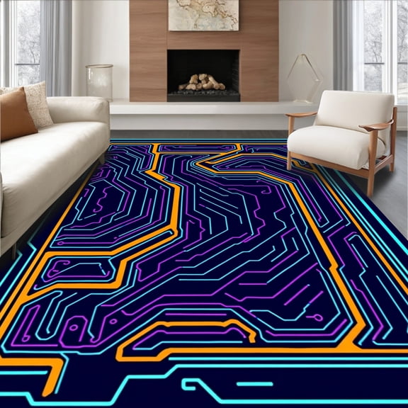 ODIKA 4'x6' Machine Washable Non-Slip Area Rug, Circuit Board Gaming Console Anti Slip with Tech Motifs High Traffic Rug, Cyan, 459221