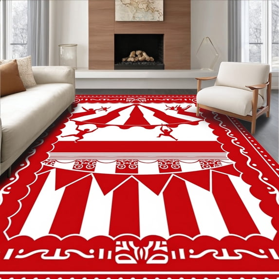 ODIKA 4'x6' Machine Washable Non-Slip Area Rug, Circus Carnival Big Top Performance Acrobatic Show Floor High Traffic Rug, Red, 720854