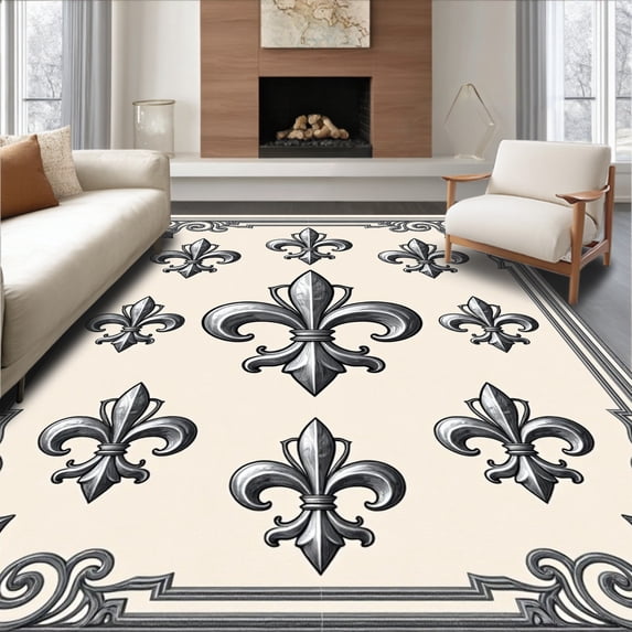 ODIKA 4'x6' Machine Washable Non-Slip Area Rug, Classic Antiqued Baroque Fleur de Emblem High Traffic Rug, Beige, 657883